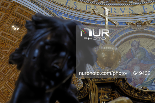 A view of the restoration work of the Canopy of Saint Peter, created by Gian Lorenzo Bernini, at St. Peter's Basilica in Vatican City, on Oc...