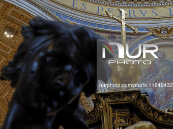 A view of the restoration work of the Canopy of Saint Peter, created by Gian Lorenzo Bernini, at St. Peter's Basilica in Vatican City, on Oc...