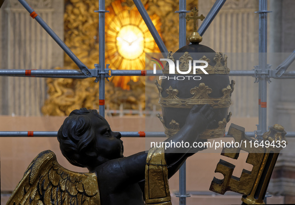 A view of the restoration work of the Canopy of Saint Peter, created by Gian Lorenzo Bernini, at St. Peter's Basilica in Vatican City, on Oc...