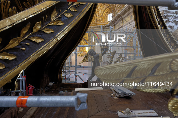 A view of the restoration work of the Canopy of Saint Peter, created by Gian Lorenzo Bernini, at St. Peter's Basilica in Vatican City, on Oc...