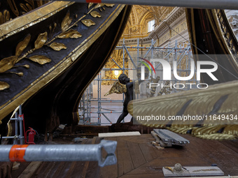 A view of the restoration work of the Canopy of Saint Peter, created by Gian Lorenzo Bernini, at St. Peter's Basilica in Vatican City, on Oc...