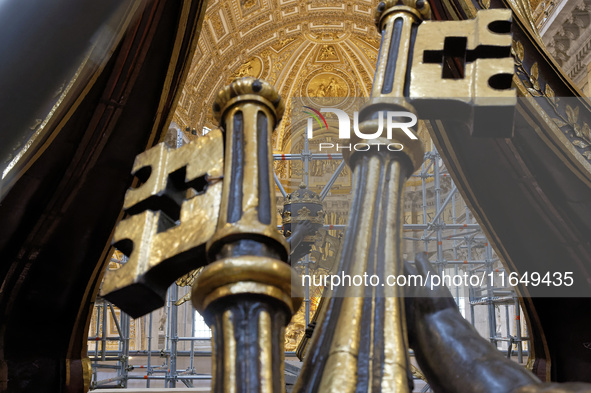 A view of the restoration work of the Canopy of Saint Peter, created by Gian Lorenzo Bernini, at St. Peter's Basilica in Vatican City, on Oc...