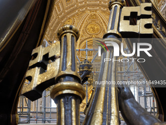 A view of the restoration work of the Canopy of Saint Peter, created by Gian Lorenzo Bernini, at St. Peter's Basilica in Vatican City, on Oc...