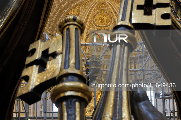 A view of the restoration work of the Canopy of Saint Peter, created by Gian Lorenzo Bernini, at St. Peter's Basilica in Vatican City, on Oc...