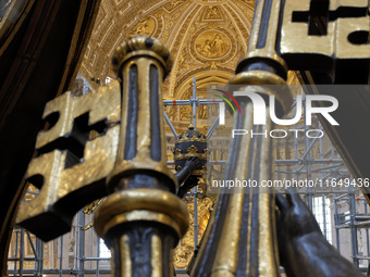 A view of the restoration work of the Canopy of Saint Peter, created by Gian Lorenzo Bernini, at St. Peter's Basilica in Vatican City, on Oc...