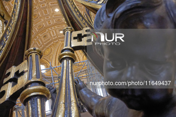 A view of the restoration work of the Canopy of Saint Peter, created by Gian Lorenzo Bernini, at St. Peter's Basilica in Vatican City, on Oc...