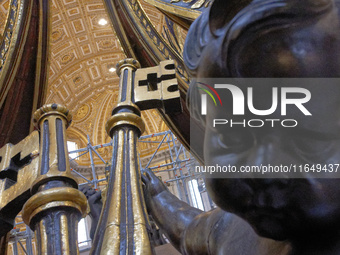 A view of the restoration work of the Canopy of Saint Peter, created by Gian Lorenzo Bernini, at St. Peter's Basilica in Vatican City, on Oc...