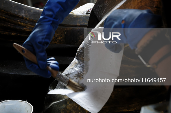 A view during the restoration works of the Chair of Saint Peter, created by Gian Lorenzo Bernini, located in the apse of St. Peter's Basilic...