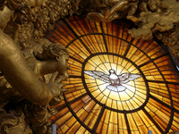 A view during the restoration works of the Chair of Saint Peter, created by Gian Lorenzo Bernini, located in the apse of St. Peter's Basilic...