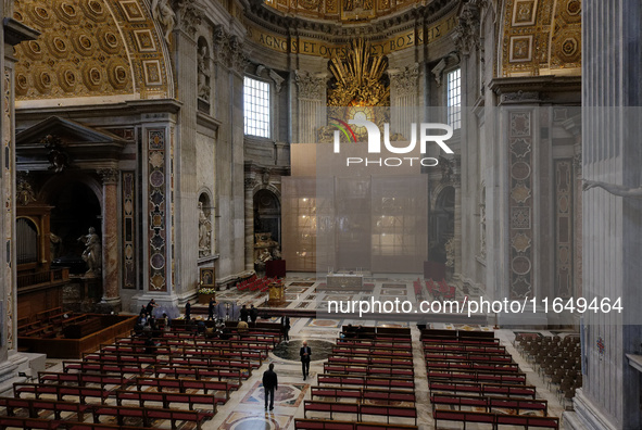 A view during the restoration works of the Chair of Saint Peter, created by Gian Lorenzo Bernini, located in the apse of St. Peter's Basilic...