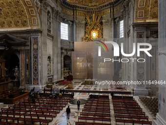 A view during the restoration works of the Chair of Saint Peter, created by Gian Lorenzo Bernini, located in the apse of St. Peter's Basilic...