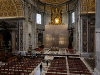 A view during the restoration works of the Chair of Saint Peter, created by Gian Lorenzo Bernini, located in the apse of St. Peter's Basilic...