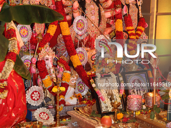 An adorned idol of the Goddess Durga is present during the Durga Puja festival at a pandal (temporary temple) in Mississauga, Ontario, Canad...