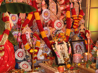 An adorned idol of the Goddess Durga is present during the Durga Puja festival at a pandal (temporary temple) in Mississauga, Ontario, Canad...