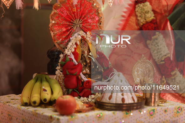 A small decorated idol of Lord Ganesh is seen during the Durga Puja festival at a pandal (temporary temple) in Mississauga, Ontario, Canada,...