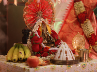 A small decorated idol of Lord Ganesh is seen during the Durga Puja festival at a pandal (temporary temple) in Mississauga, Ontario, Canada,...