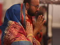 Bengali Hindus offer prayers during the Durga Puja festival at a pandal (temporary temple) in Mississauga, Ontario, Canada, on October 6, 20...