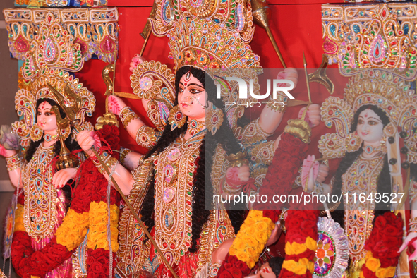 An adorned idol of the Goddess Durga is present during the Durga Puja festival at a pandal (temporary temple) in Mississauga, Ontario, Canad...