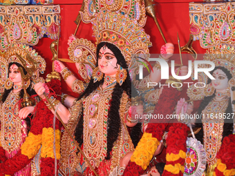 An adorned idol of the Goddess Durga is present during the Durga Puja festival at a pandal (temporary temple) in Mississauga, Ontario, Canad...