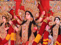 An adorned idol of the Goddess Durga is present during the Durga Puja festival at a pandal (temporary temple) in Mississauga, Ontario, Canad...