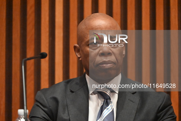 Mayor of New York City Eric Adams delivers remarks at an NYPD Crime Statistics press conference at One Police Plaza in Manhattan, New York,...