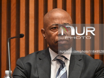 Mayor of New York City Eric Adams delivers remarks at an NYPD Crime Statistics press conference at One Police Plaza in Manhattan, New York,...