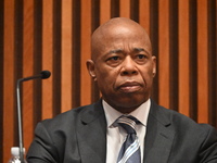 Mayor of New York City Eric Adams delivers remarks at an NYPD Crime Statistics press conference at One Police Plaza in Manhattan, New York,...