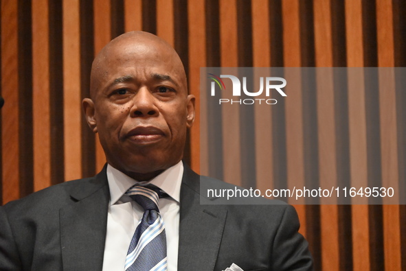 Mayor of New York City Eric Adams delivers remarks at an NYPD Crime Statistics press conference at One Police Plaza in Manhattan, New York,...