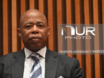 Mayor of New York City Eric Adams delivers remarks at an NYPD Crime Statistics press conference at One Police Plaza in Manhattan, New York,...