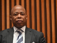 Mayor of New York City Eric Adams delivers remarks at an NYPD Crime Statistics press conference at One Police Plaza in Manhattan, New York,...