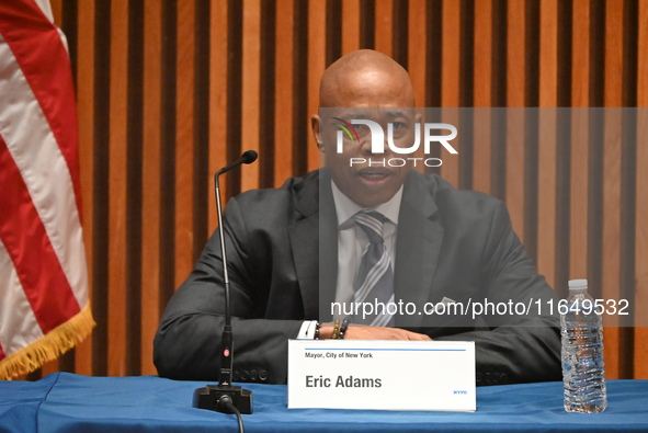 Mayor of New York City Eric Adams delivers remarks at an NYPD Crime Statistics press conference at One Police Plaza in Manhattan, New York,...