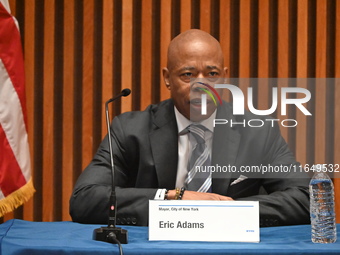 Mayor of New York City Eric Adams delivers remarks at an NYPD Crime Statistics press conference at One Police Plaza in Manhattan, New York,...