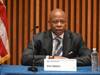 Mayor of New York City Eric Adams delivers remarks at an NYPD Crime Statistics press conference at One Police Plaza in Manhattan, New York,...