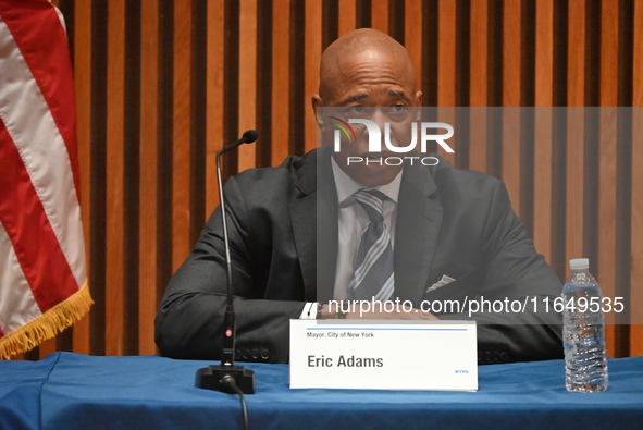 Mayor of New York City Eric Adams delivers remarks at an NYPD Crime Statistics press conference at One Police Plaza in Manhattan, New York,...