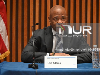 Mayor of New York City Eric Adams delivers remarks at an NYPD Crime Statistics press conference at One Police Plaza in Manhattan, New York,...