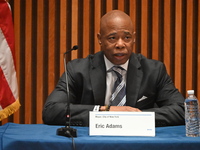 Mayor of New York City Eric Adams delivers remarks at an NYPD Crime Statistics press conference at One Police Plaza in Manhattan, New York,...