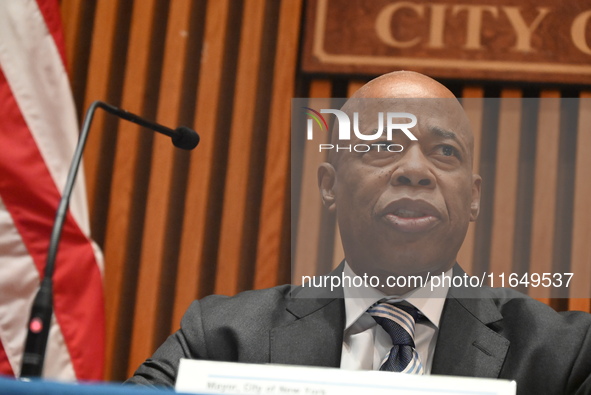 Mayor of New York City Eric Adams delivers remarks at an NYPD Crime Statistics press conference at One Police Plaza in Manhattan, New York,...