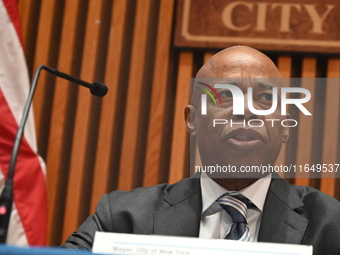 Mayor of New York City Eric Adams delivers remarks at an NYPD Crime Statistics press conference at One Police Plaza in Manhattan, New York,...