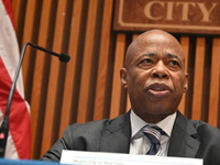 Mayor of New York City Eric Adams delivers remarks at an NYPD Crime Statistics press conference at One Police Plaza in Manhattan, New York,...