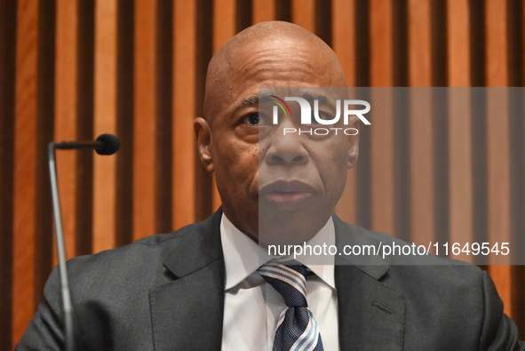 Mayor of New York City Eric Adams delivers remarks at an NYPD Crime Statistics press conference at One Police Plaza in Manhattan, New York,...