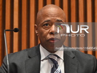 Mayor of New York City Eric Adams delivers remarks at an NYPD Crime Statistics press conference at One Police Plaza in Manhattan, New York,...