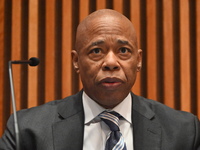 Mayor of New York City Eric Adams delivers remarks at an NYPD Crime Statistics press conference at One Police Plaza in Manhattan, New York,...