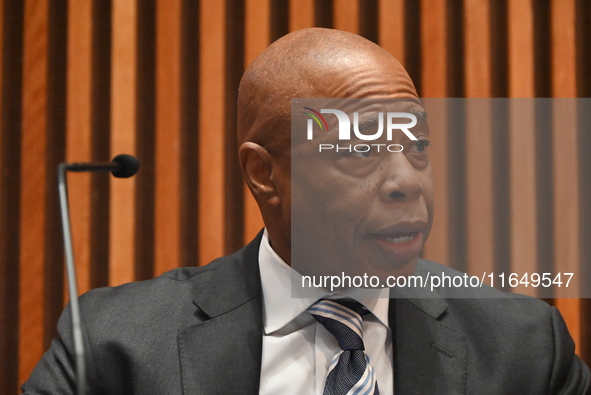 Mayor of New York City Eric Adams delivers remarks at an NYPD Crime Statistics press conference at One Police Plaza in Manhattan, New York,...