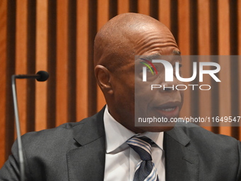 Mayor of New York City Eric Adams delivers remarks at an NYPD Crime Statistics press conference at One Police Plaza in Manhattan, New York,...