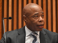 Mayor of New York City Eric Adams delivers remarks at an NYPD Crime Statistics press conference at One Police Plaza in Manhattan, New York,...