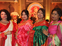 Bengali Hindus celebrate during the Durga Puja festival at a pandal (temporary temple) in Mississauga, Ontario, Canada, on October 6, 2024....