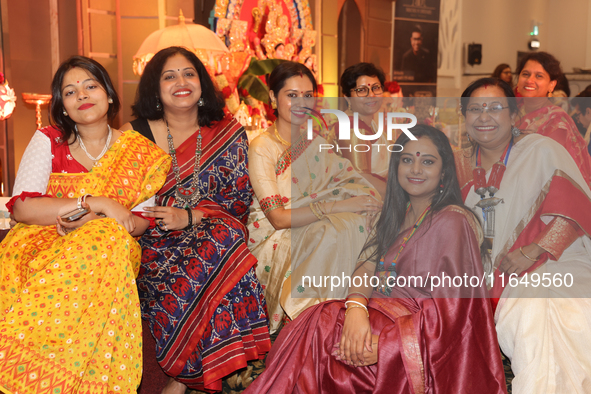 Bengali Hindus celebrate during the Durga Puja festival at a pandal (temporary temple) in Mississauga, Ontario, Canada, on October 6, 2024....