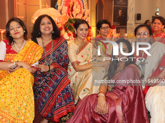 Bengali Hindus celebrate during the Durga Puja festival at a pandal (temporary temple) in Mississauga, Ontario, Canada, on October 6, 2024....