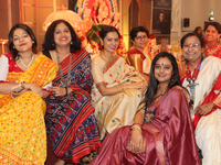 Bengali Hindus celebrate during the Durga Puja festival at a pandal (temporary temple) in Mississauga, Ontario, Canada, on October 6, 2024....