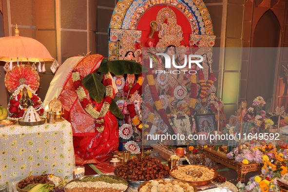 An adorned idol of the Goddess Durga is present during the Durga Puja festival at a pandal (temporary temple) in Mississauga, Ontario, Canad...